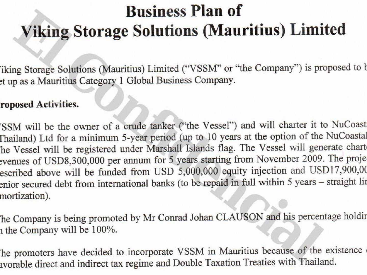 Plan de negocio de VSSM para el barco Coastal Energy Resolution. (Mauritius Leaks/ICIJ)