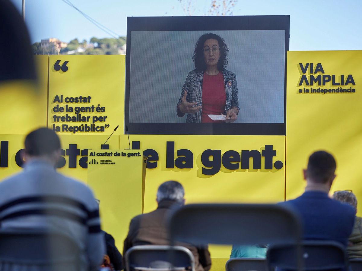 Foto: Marta Rovira, en videoconferencia durante un acto de campaña de Aragonès. (EFE)