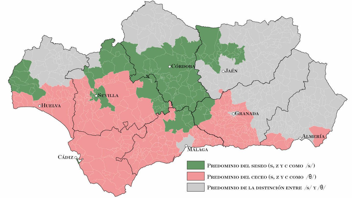 El mapa del ceceo y el seseo en Andalucía. (Cedida)