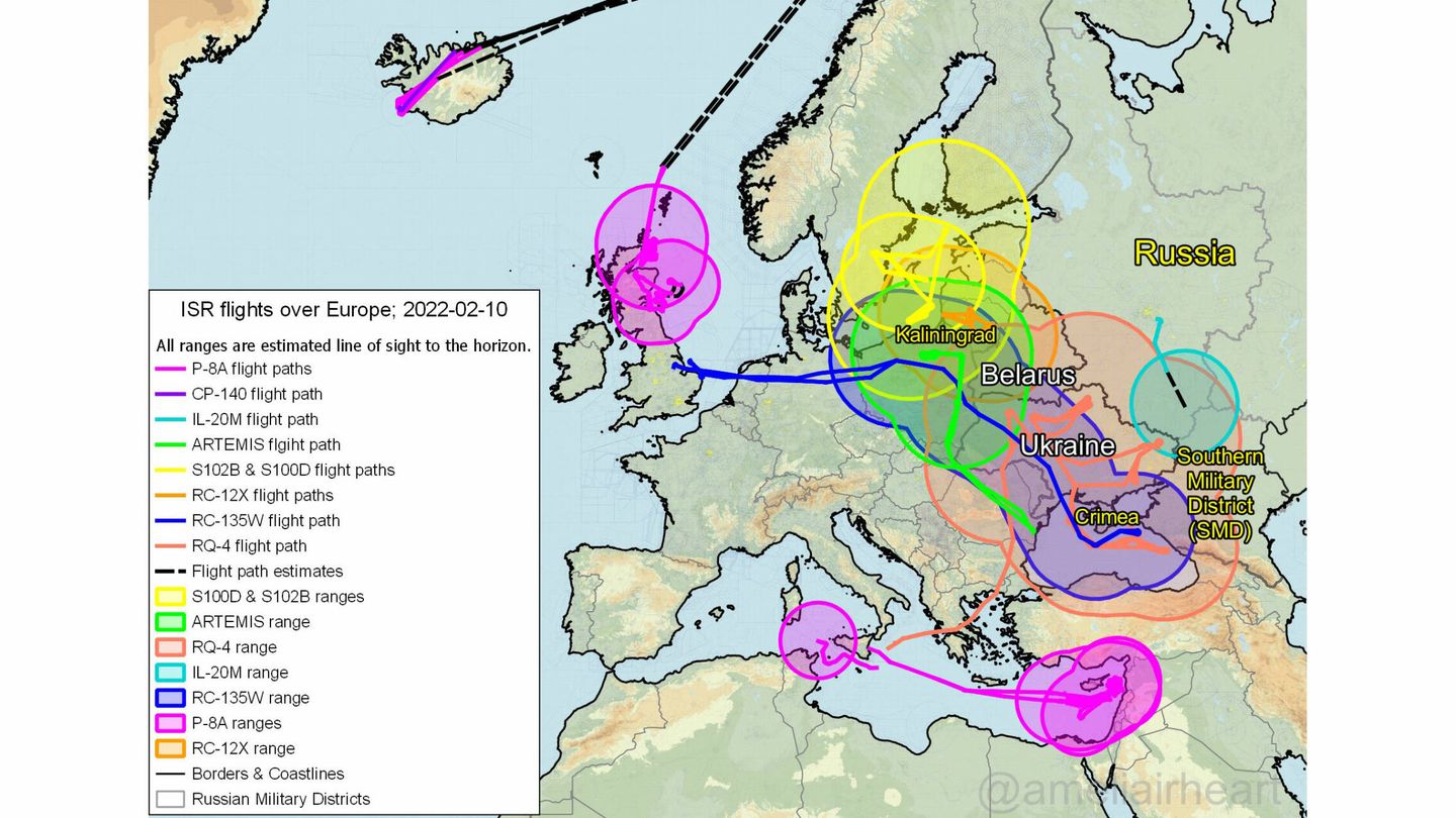 22 aviones de la OTAN y Suecia espiando los movimientos rusos el 11 de febrero (Amelia Smith)