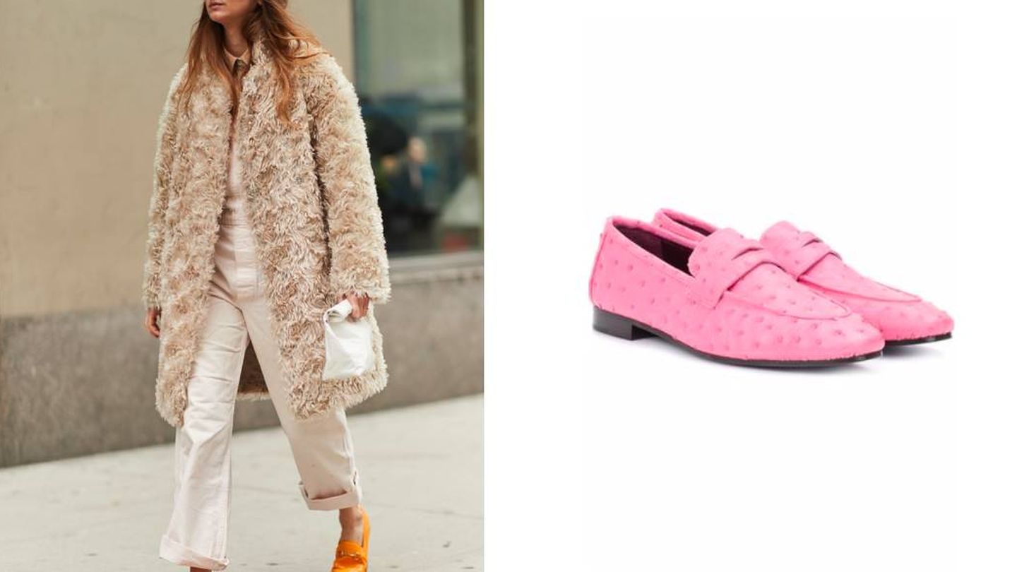 Esta insider opta por un outfit beis con zapatos naranjas (Imaxtree). Inspírate y crea un look similar con estos en rosa de Bougeotte (612 €).