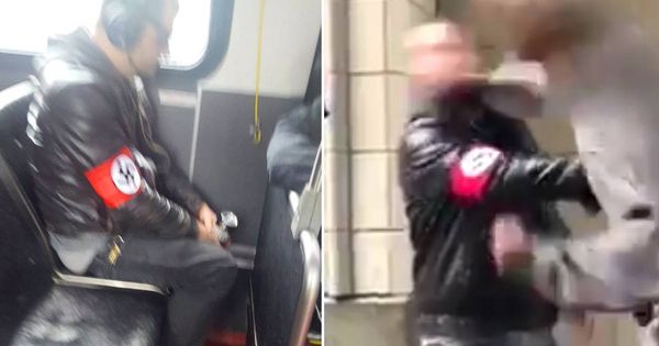 Foto: El hombre de la esvástica, fotografiado en el autobús y siendo tumbado de un puñetazo (vídeo, en la noticia).