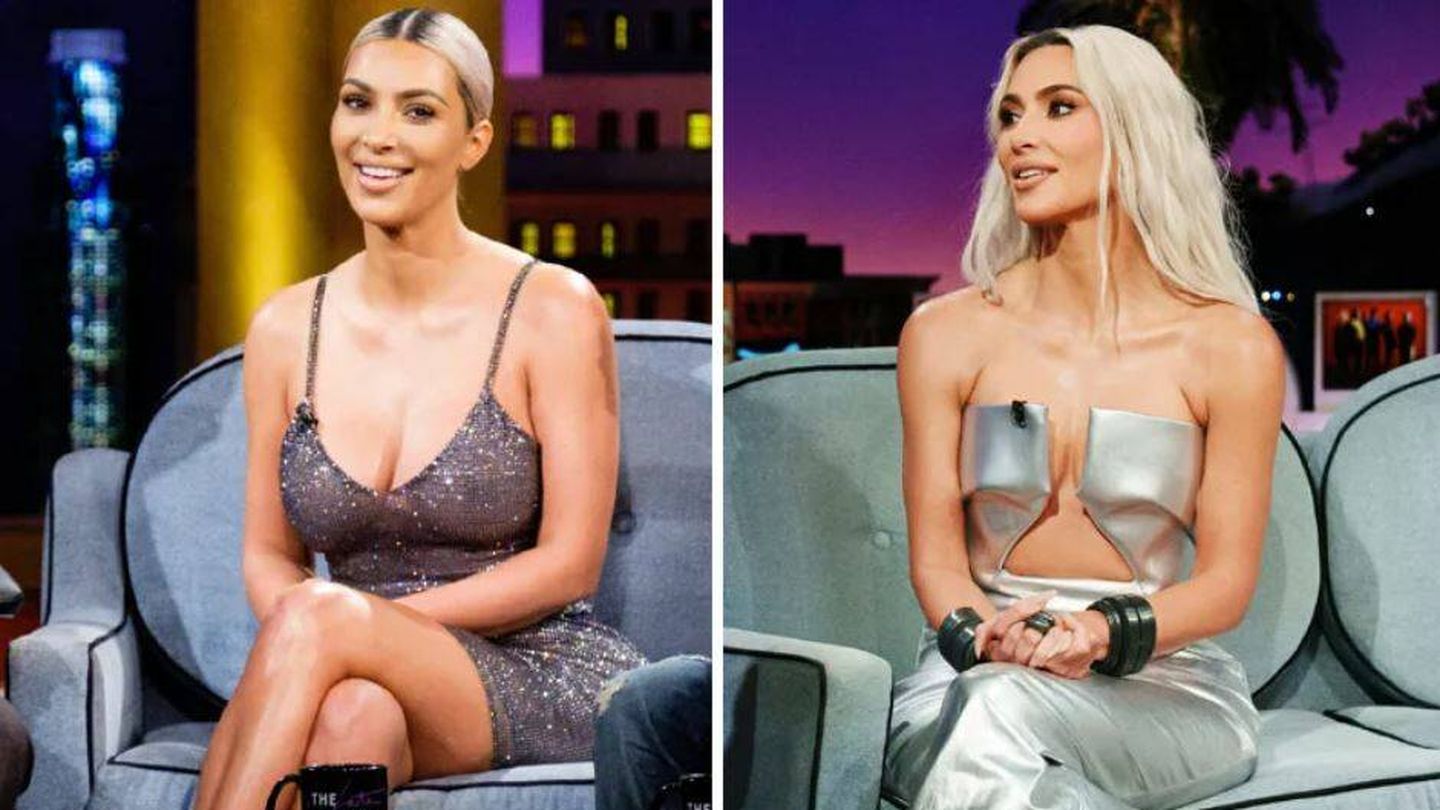 Kim Kardashian, en el show de James Corden en 2017 (i) y en 2022.