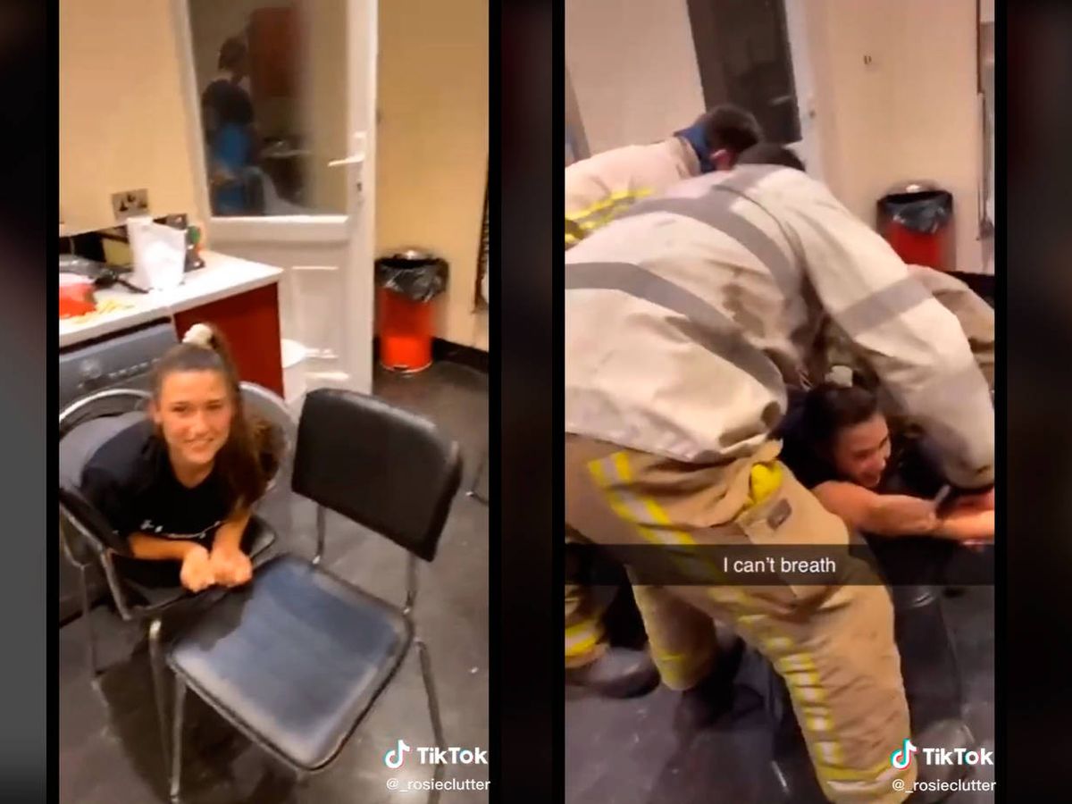 Foto: Los bomberos tuvieron que excarcelar a la estudiante (TikTok)
