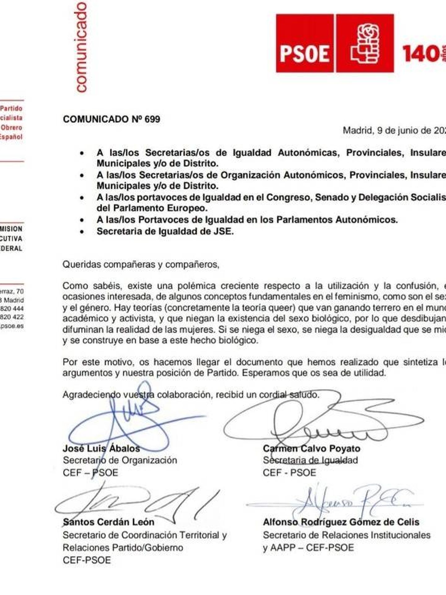 Consulte aquí en PDF el comunicado del argumentario feminista del PSOE firmado por Carmen Calvo, José Luis Ábalos, Santos Cerdán y Alfonso Rodríguez Gómez de Celis. 