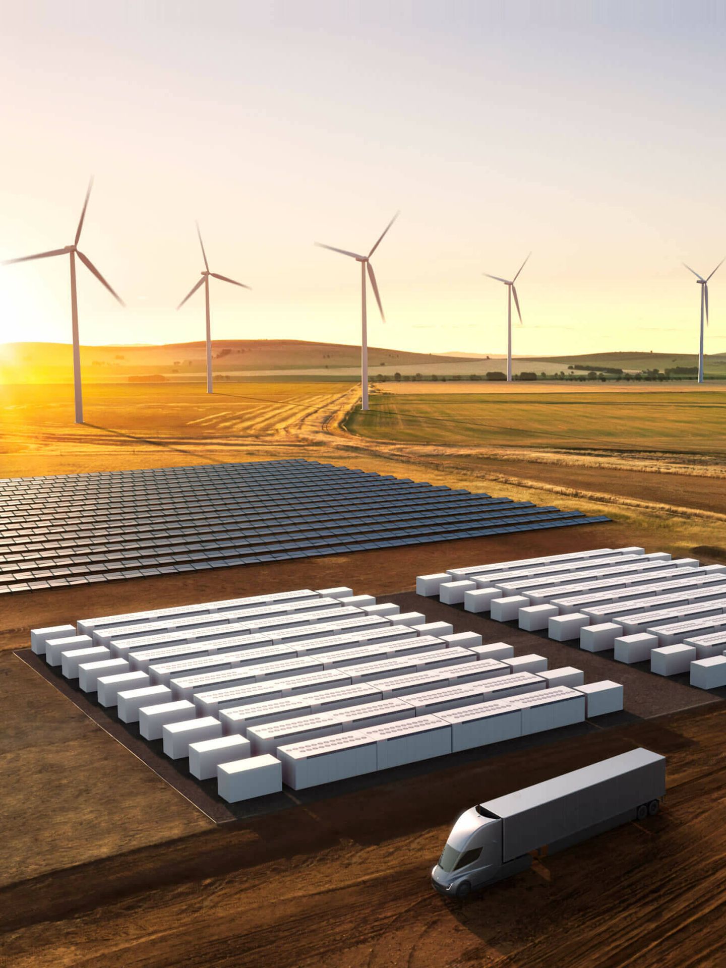 Ilustración de un par de docenas de Megapacks al lado de una planta de energía renovables (Tesla)