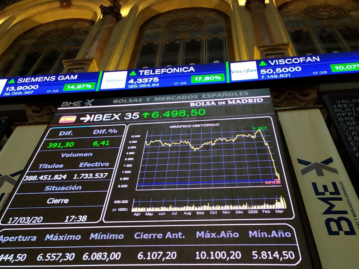 Foto: Evolución del Ibex en las pantallas de la Bolsa de Madrid. (EFE)