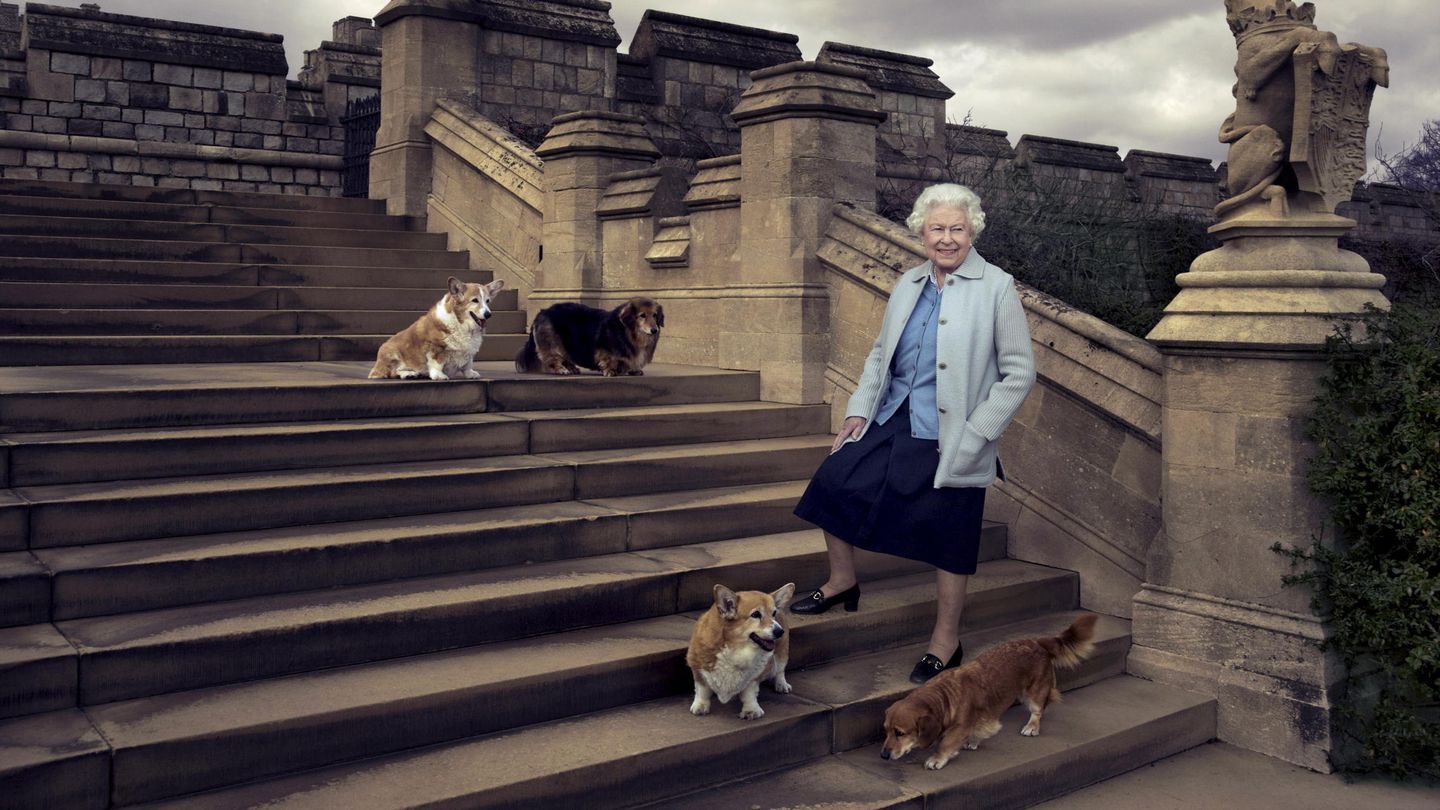 La reina Isabel II, junto a sus perros: dos corgis y dos dorgis. (Archivo)