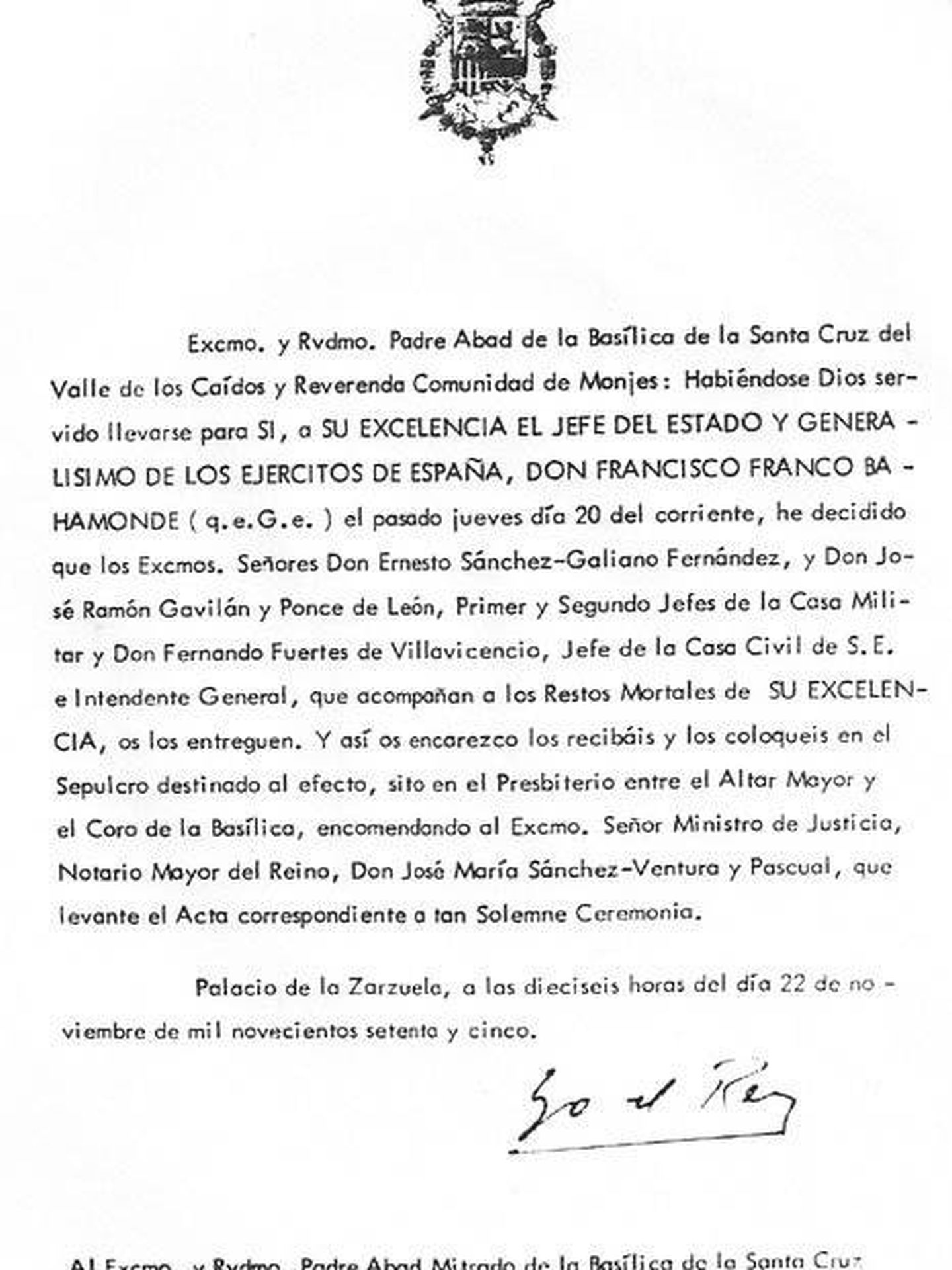 La carta que el rey Juan Carlos I mandó el 22 de noviembre de 1975 al abad de la basílica del Valle de los Caídos y en la que le ordena que entierre allí al dictador Francisco Franco. (Twitter Fundación Nacional Francisco Franco)