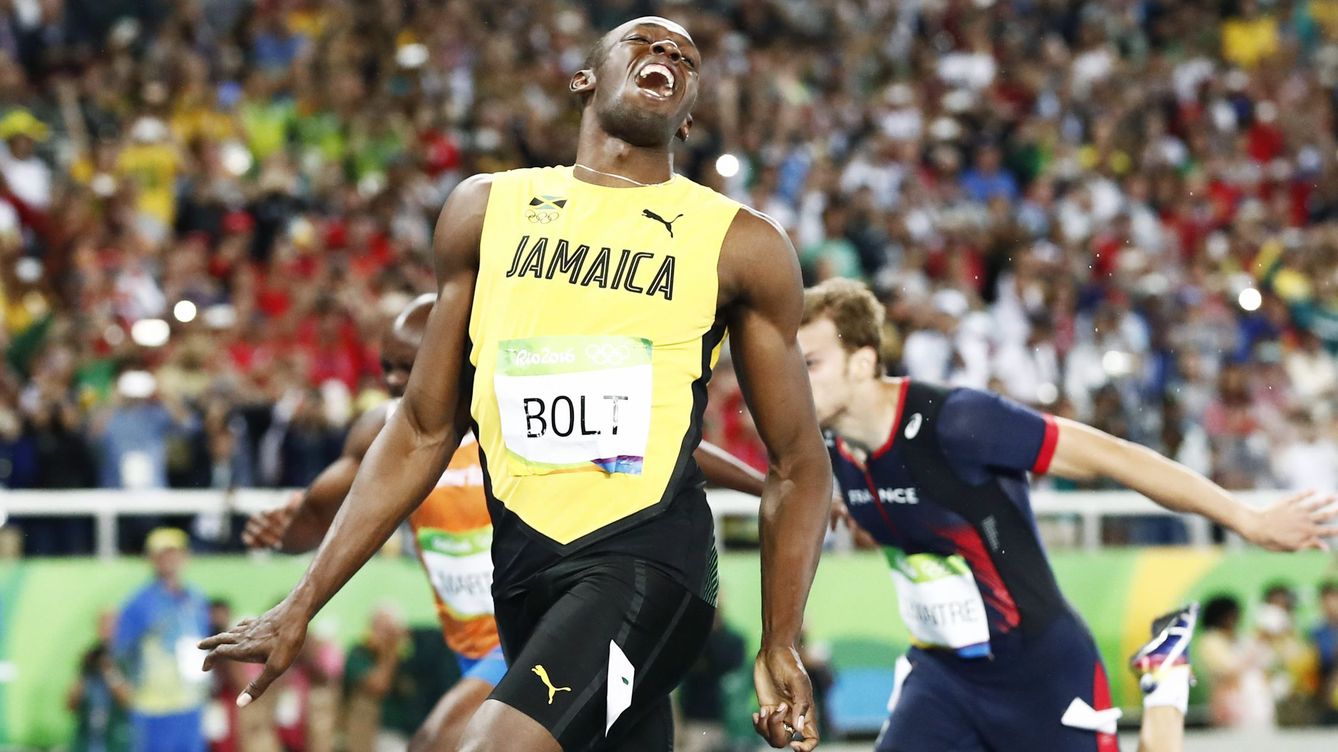 Foto: usain Bolt, en la línea de meta (Reuters)