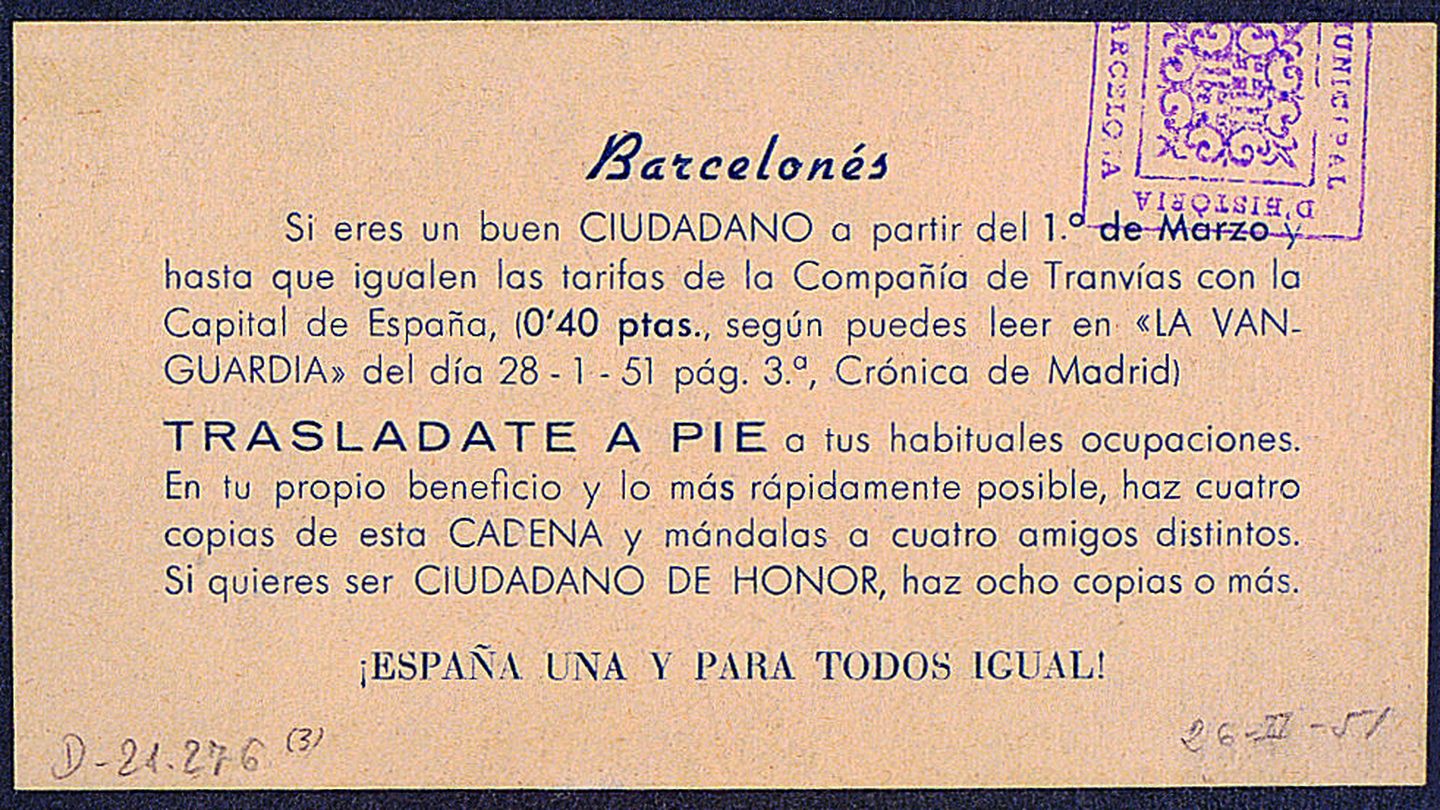Pasquín de 1951 llamando a los barceloneses a no coger el tranvía.