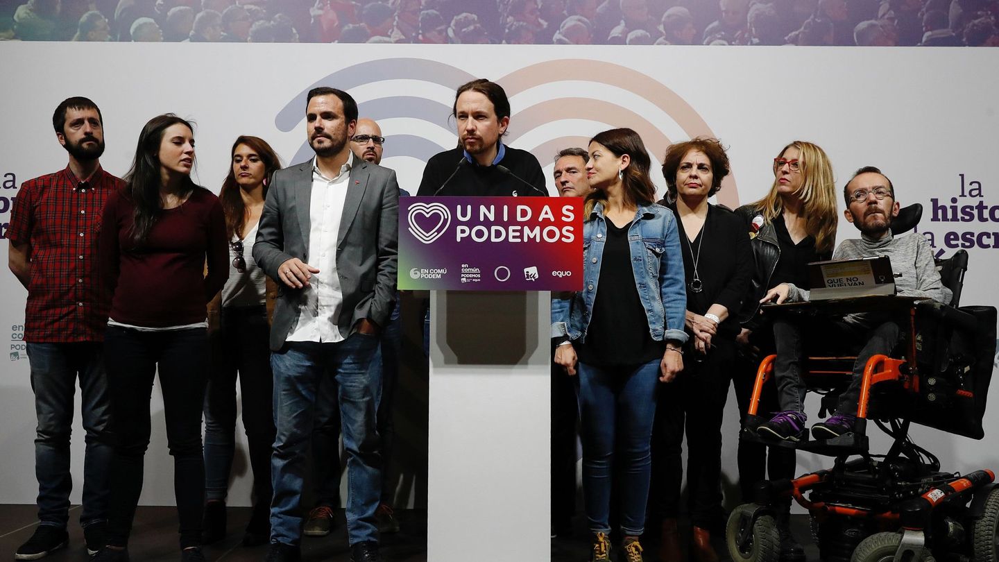 La cúpula de Unidas Podemos, en la noche electoral del 28-A. (EFE)