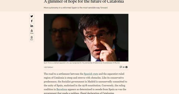 Foto: Imagen del editorial publicado por el 'Financial Times' sobre la crisis en Cataluña.