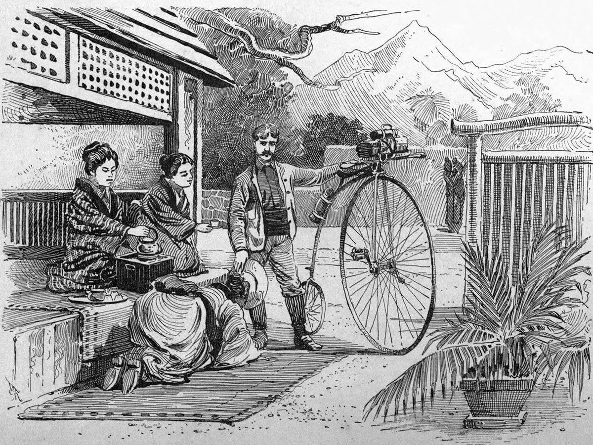Foto: Ilustración de Thomas Stevens con su inseparable bici en Japón. (Wikipedia)