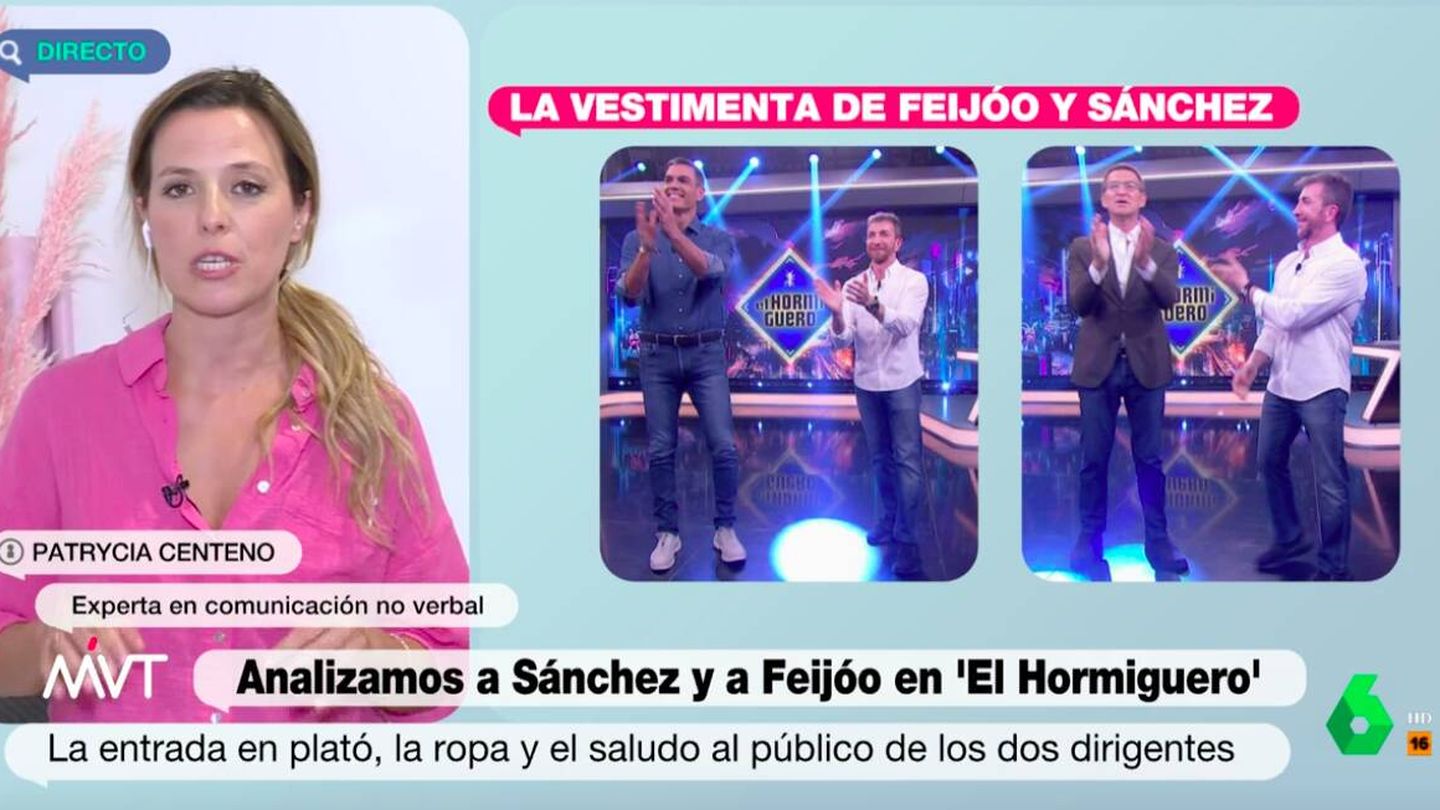 Patrycia Centeno analizando el lenguaje corporal de Feijóo y Sánchez. (Captura de pantalla de 'Más vale tarde')