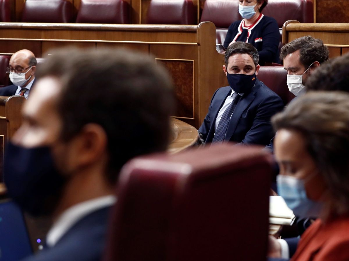 Foto: El líder de Vox, Santiago Abascal, durante la segunda sesión del debate de moción de censura presentada por él y su partido, este jueves en el Congreso. (EFE / Mariscal)