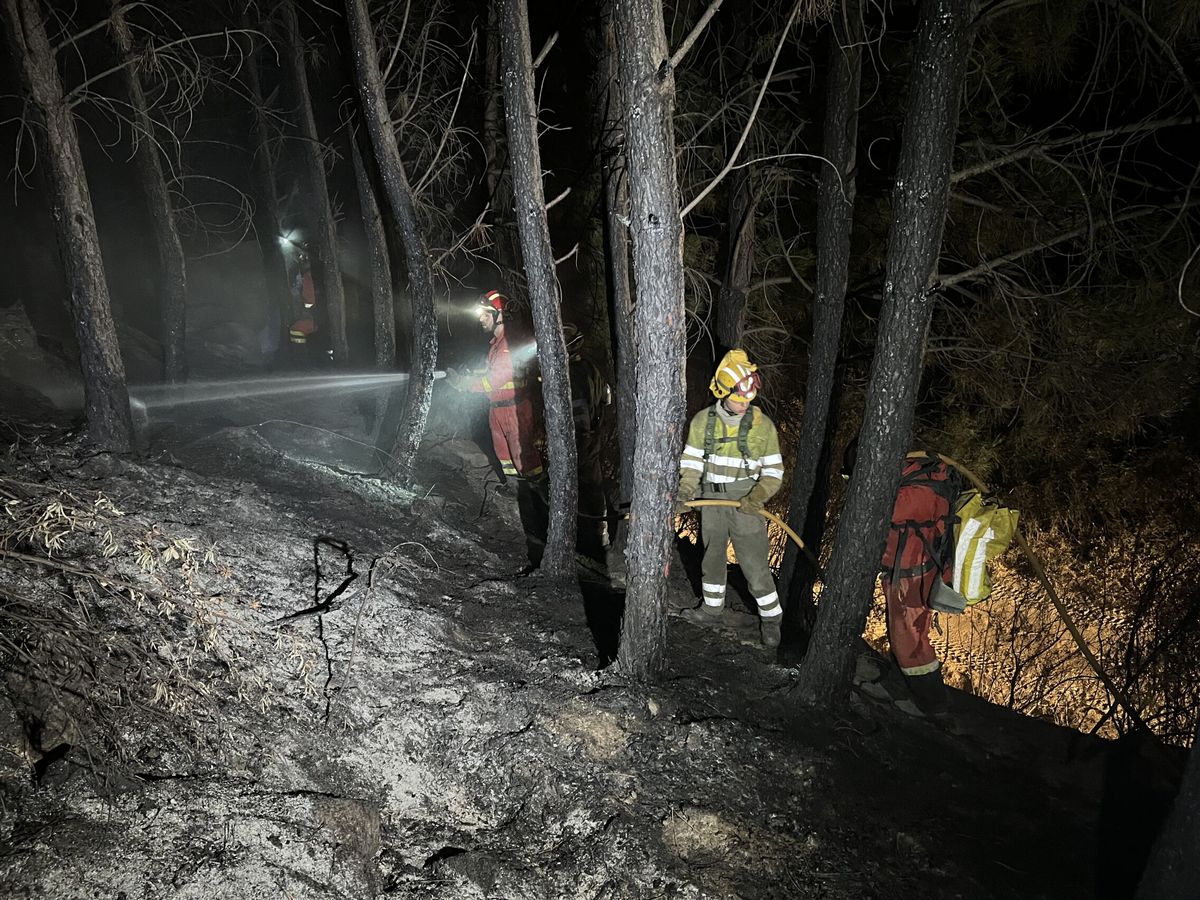 Foto: Los bomberos trabajando en la zona del incendio por la noche. (EFE/UME)