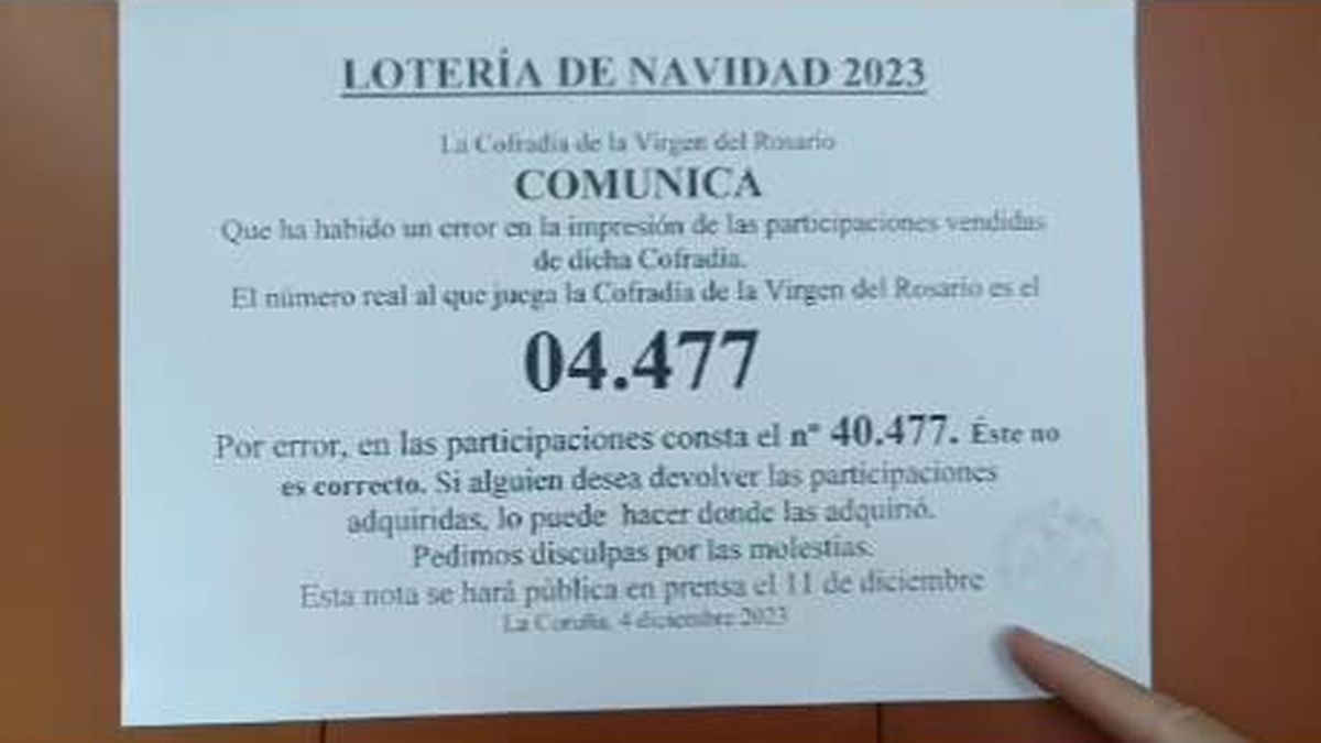Una cofradía de A Coruña vende por error 1.500 participaciones de lotería de Navidad con el número mal impreso