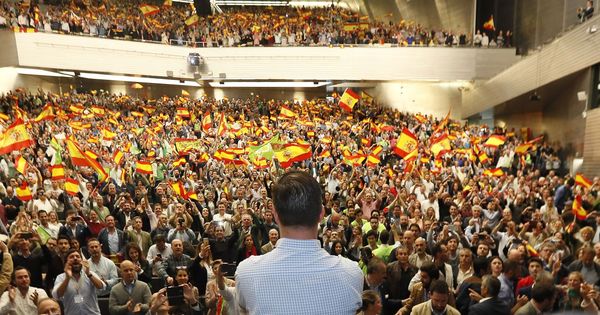 Foto: El líder de Vox, Santiago Abascal (de espaldas), durante un acto de campaña de las elecciones generales en Sevilla. (EFE)