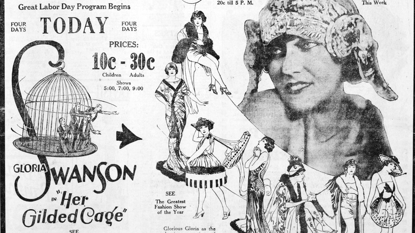 Anuncio en el periódico de la película de 1922 'Her Gilded Cage', con desfile incluido. (Wikimedia)