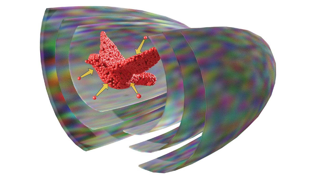 Ilustración sobre cómo las capas de hologramas ultrasónicos ensamblan las partículas.  (Max Planck Institute)