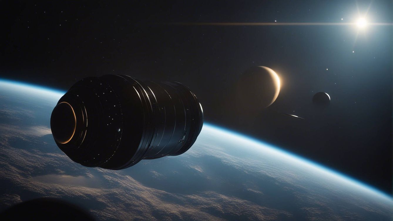 Foto: Ilustración de un objeto interestelar cilíndrico cruzando el sistema solar. (AI/SDXL/Novaceno)