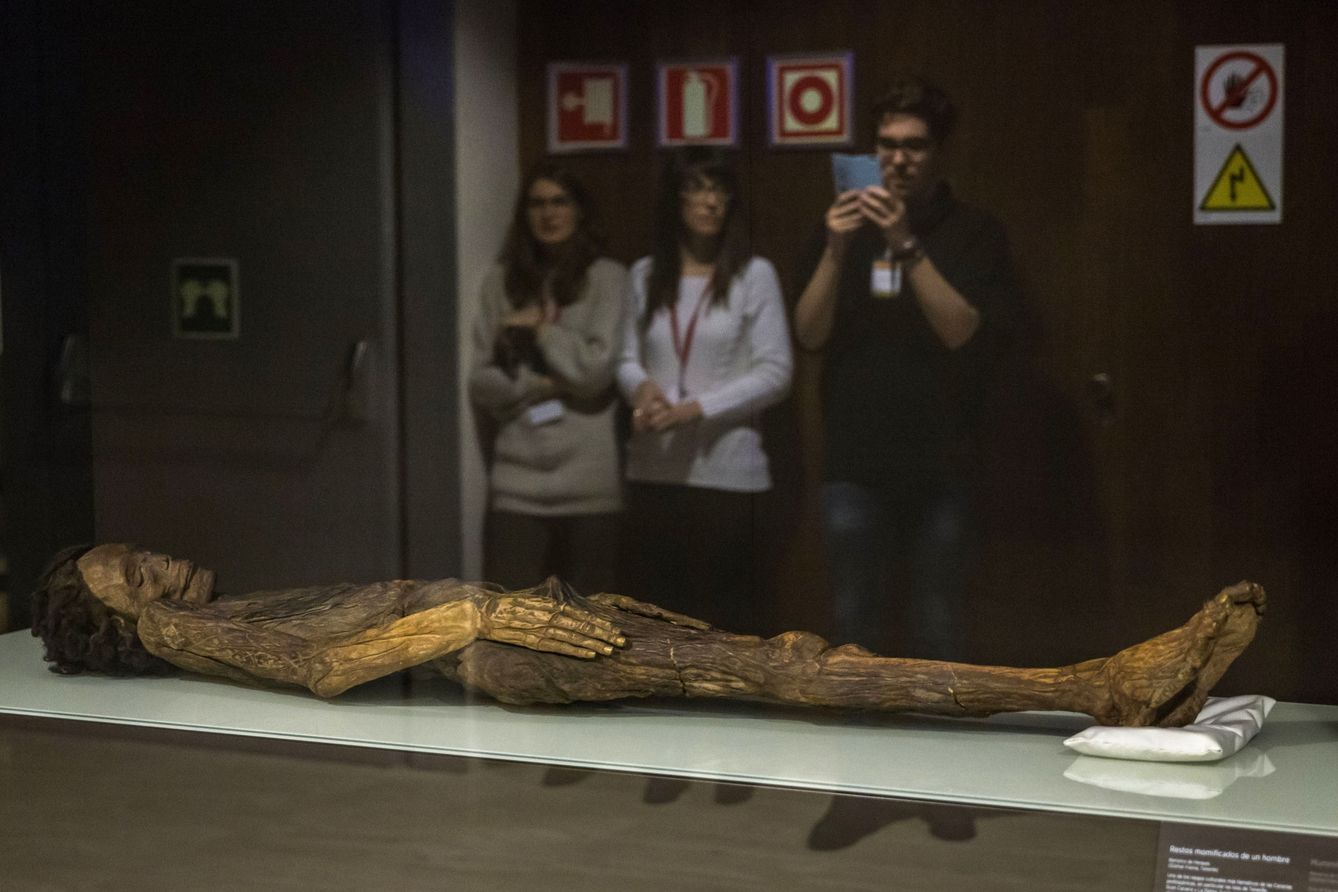 La momia guanche canaria mejor conservada (850 años de antigüedad) yace en el Museo Arqueológico. (EFE)