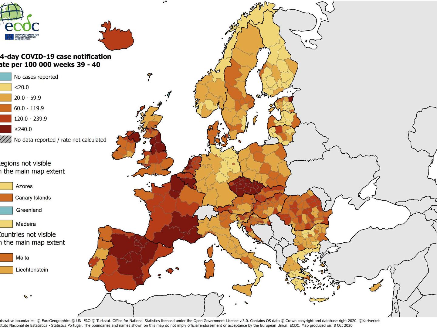 Mapa con la incidencia acumulada de contagios por regiones de Europa. (ECDC)