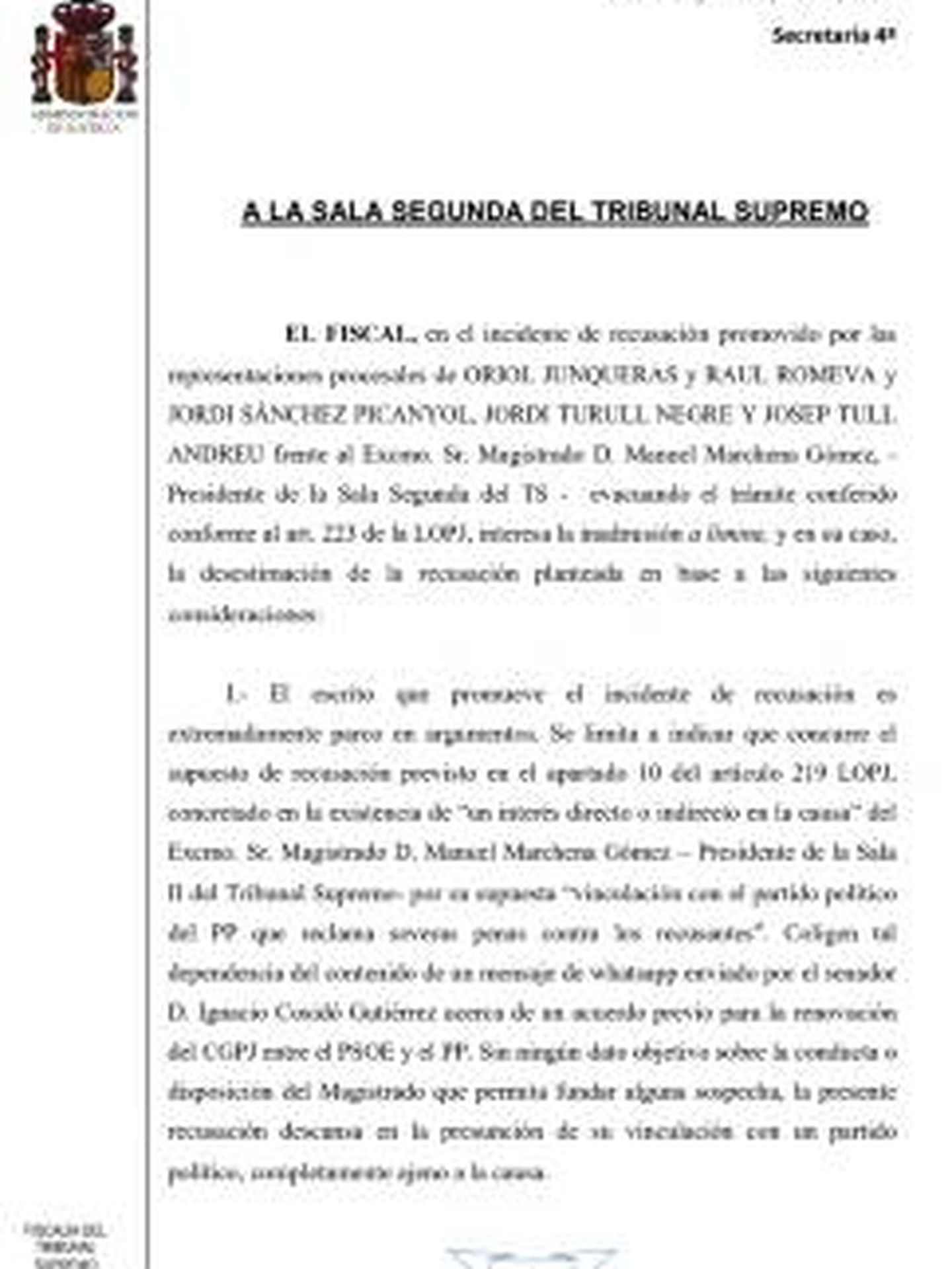 El documento de la Fiscalía del Tribunal Supremo sobre la recusación a Marchena