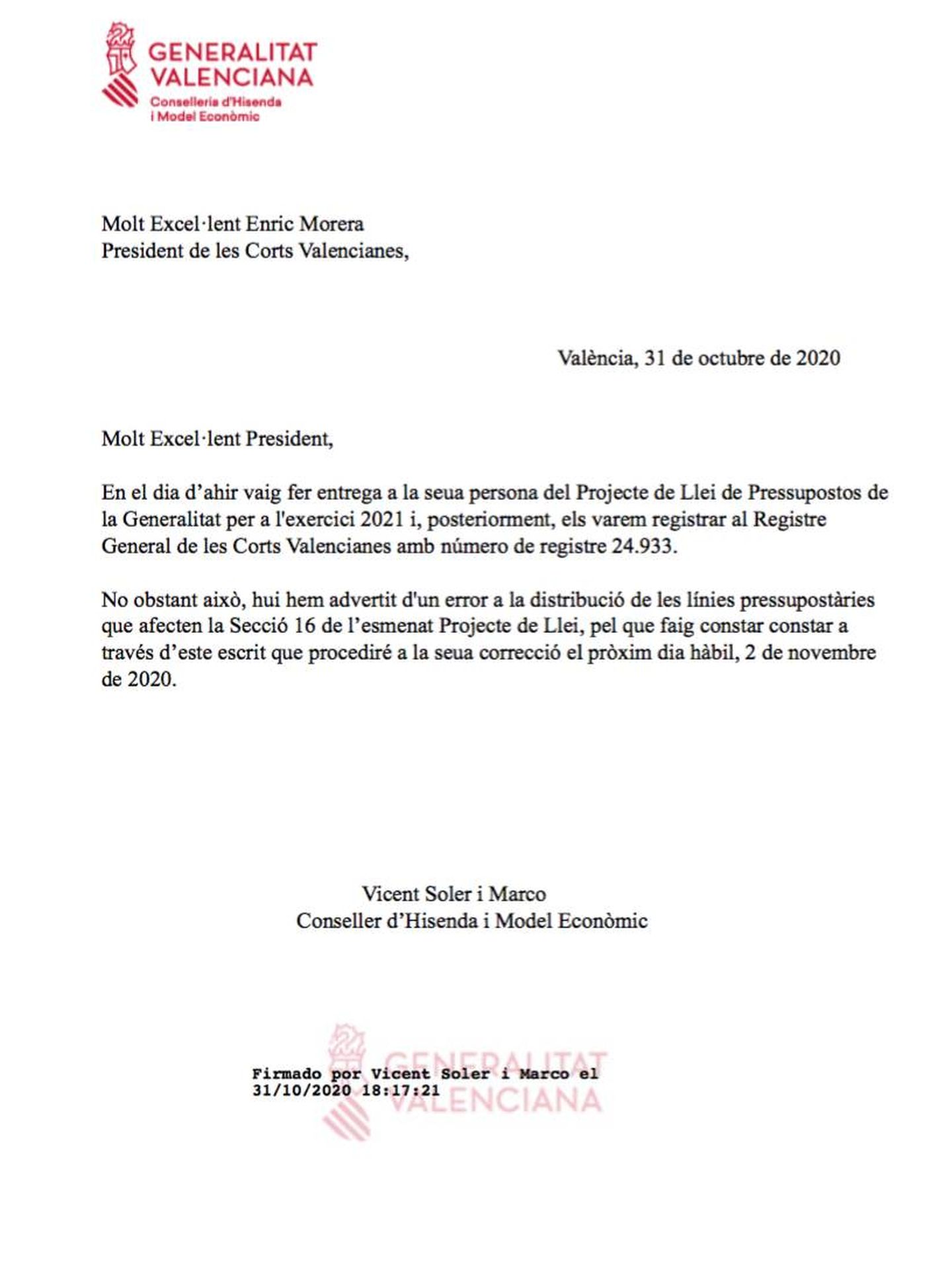 Pinche para ver la carta remitida por Vicent Soler a las Cortes en la que admite “errores de distribución“. 