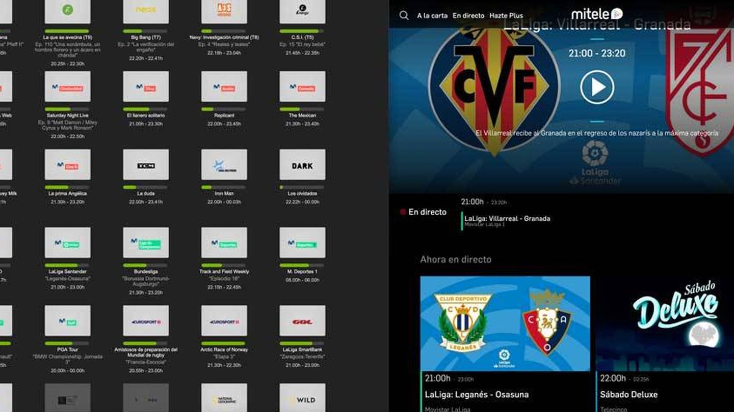 A la izquierda los canales disponibles en la app de Movistar+, a la derecha en MiTele. En el segundo se pueden ver dos partidos, mientras que en el primero solo el emitido en Movistar La Liga.