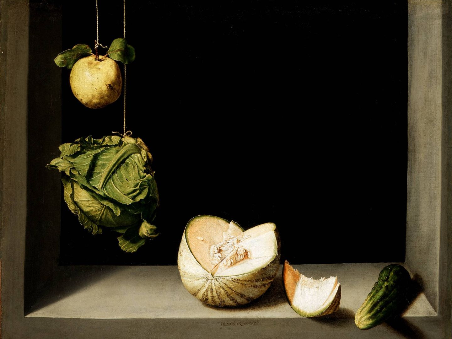 'Bodegón con membrillo, repollo, melón y pepino', Juan Sánchez Cotán, 1602. Museo de Arte de San Dieg.