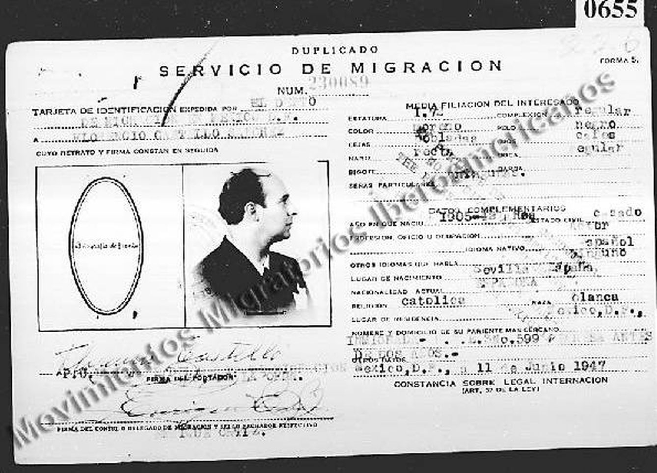 Ficha de Florencio Castelló en el Registro Nacional de Extranjeros en México.