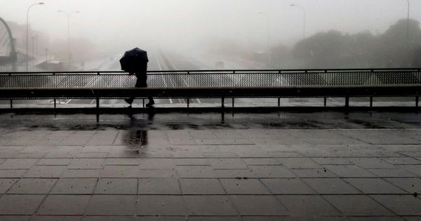 Foto: Un hombre camina por el puente de la TF-5 bajo la lluvia este 25 de febrero. (EFE)