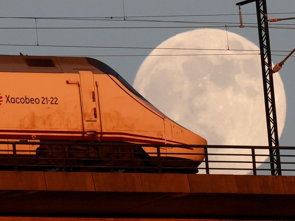 Foto: Un tren circula sobre el viaducto de O Eixo, en Santiago de Compostela. (EFE/Lavandeira JR)