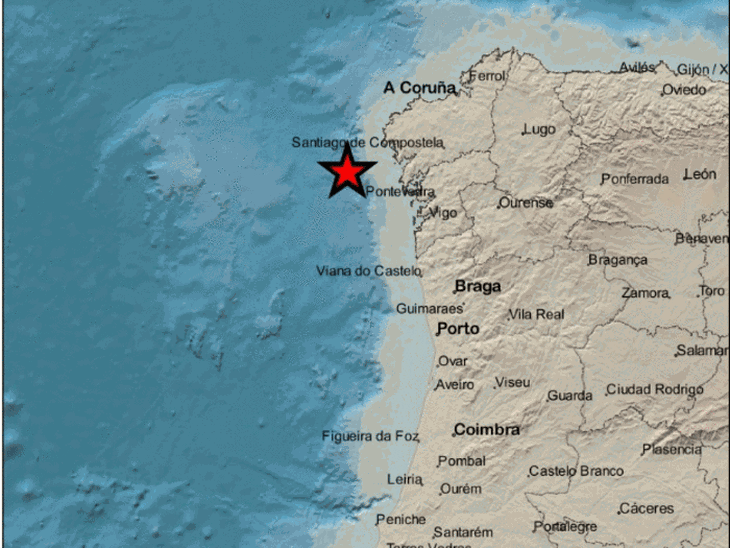 Epicentro del terremoto en las proximidades de Fisterra. (IGN)