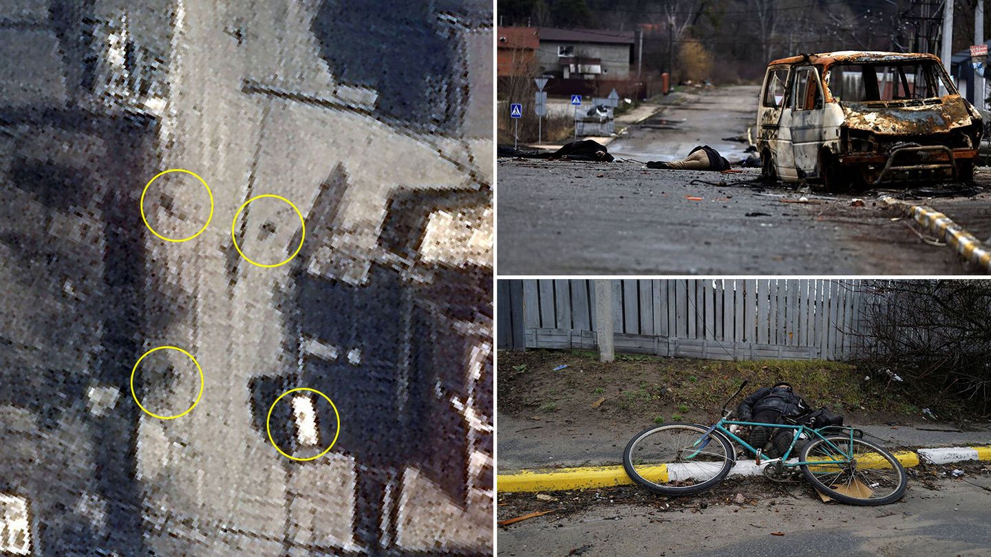 Imagen satelital del 19 de marzo (izq.) e imágenes de los cadáveres en la misma calle el 2 de abril. (Reuters/Zohra Bensemra) 