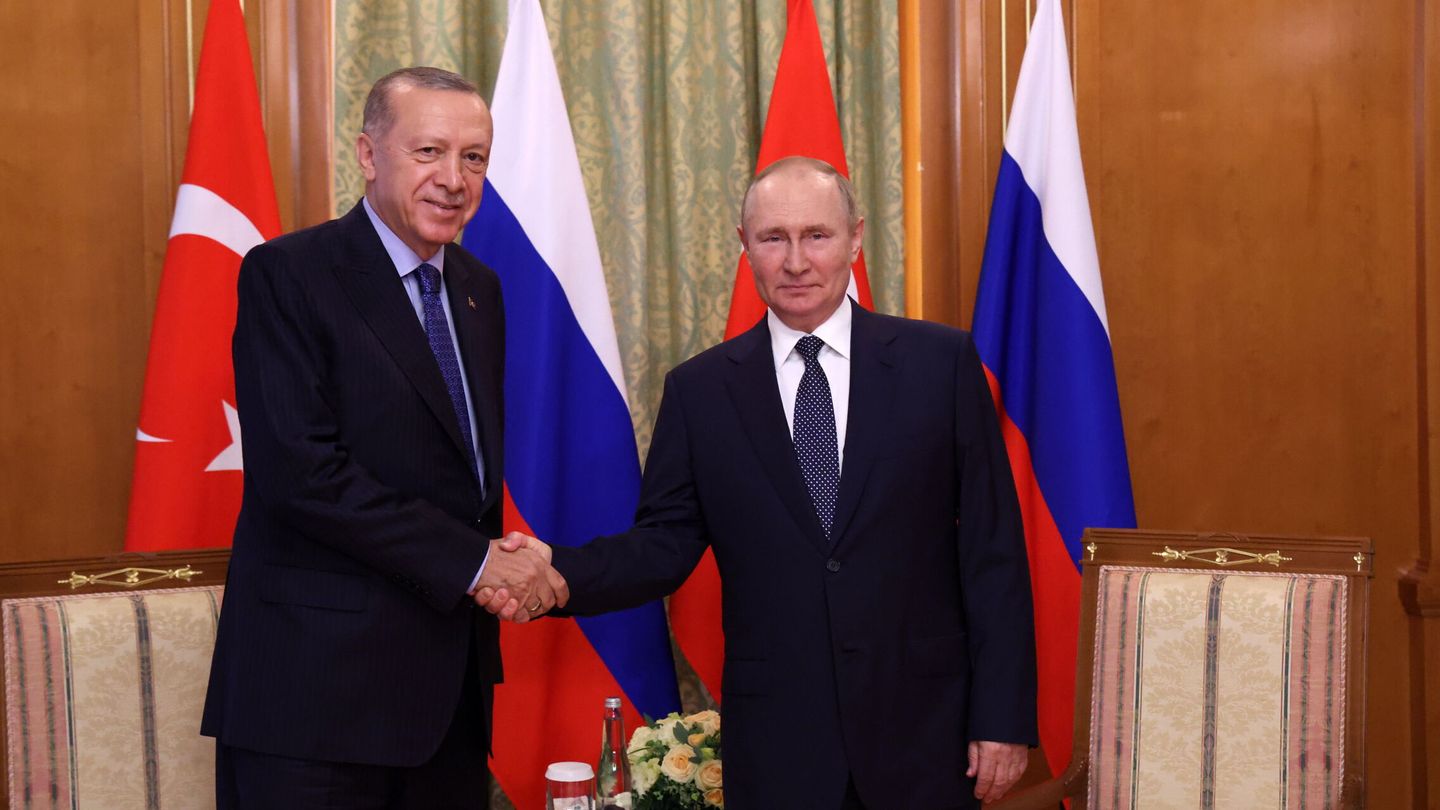 El presidente ruso, Vladimir Putin, le da la mano al presidente turco, Recep Tayyip Erdogan, durante una reunión en Sochi. (EFE/EPA/Vyacheslav Prokofyev)