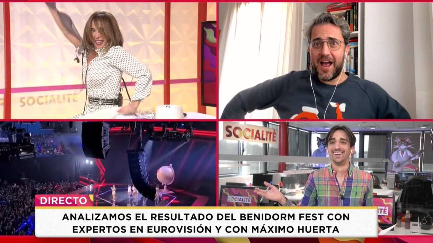 María Patiño, Máximo Huerta y Miguel Ángel Rech en 'Socilaité'. (Mediaset)