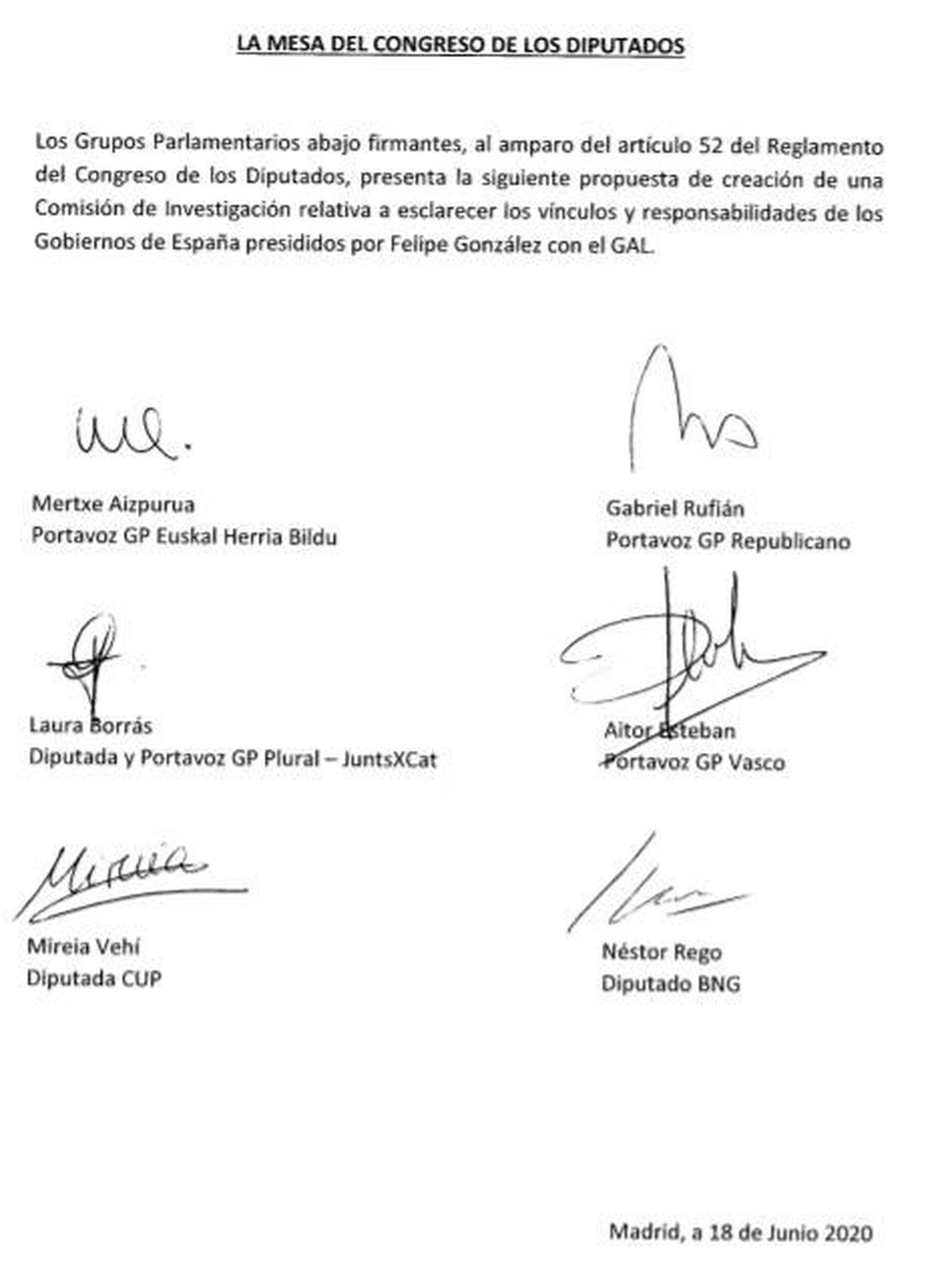 Consulte aquí en PDF la petición de comisión de investigación sobre la responsabilidad de los gobiernos de Felipe González con los GAL. 