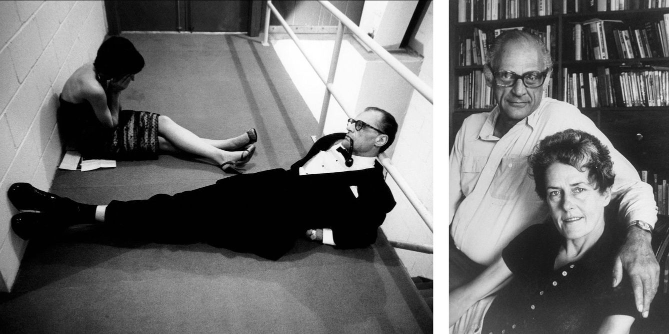 A la izquierda, Arthur Miller y su última esposa, Inge Morath, esperando en el backstate del Lincoln Center Repertory en la noche del estreno de 'Después de la caída' (1964). A la derecha, el escritor con Inge Morath años después.