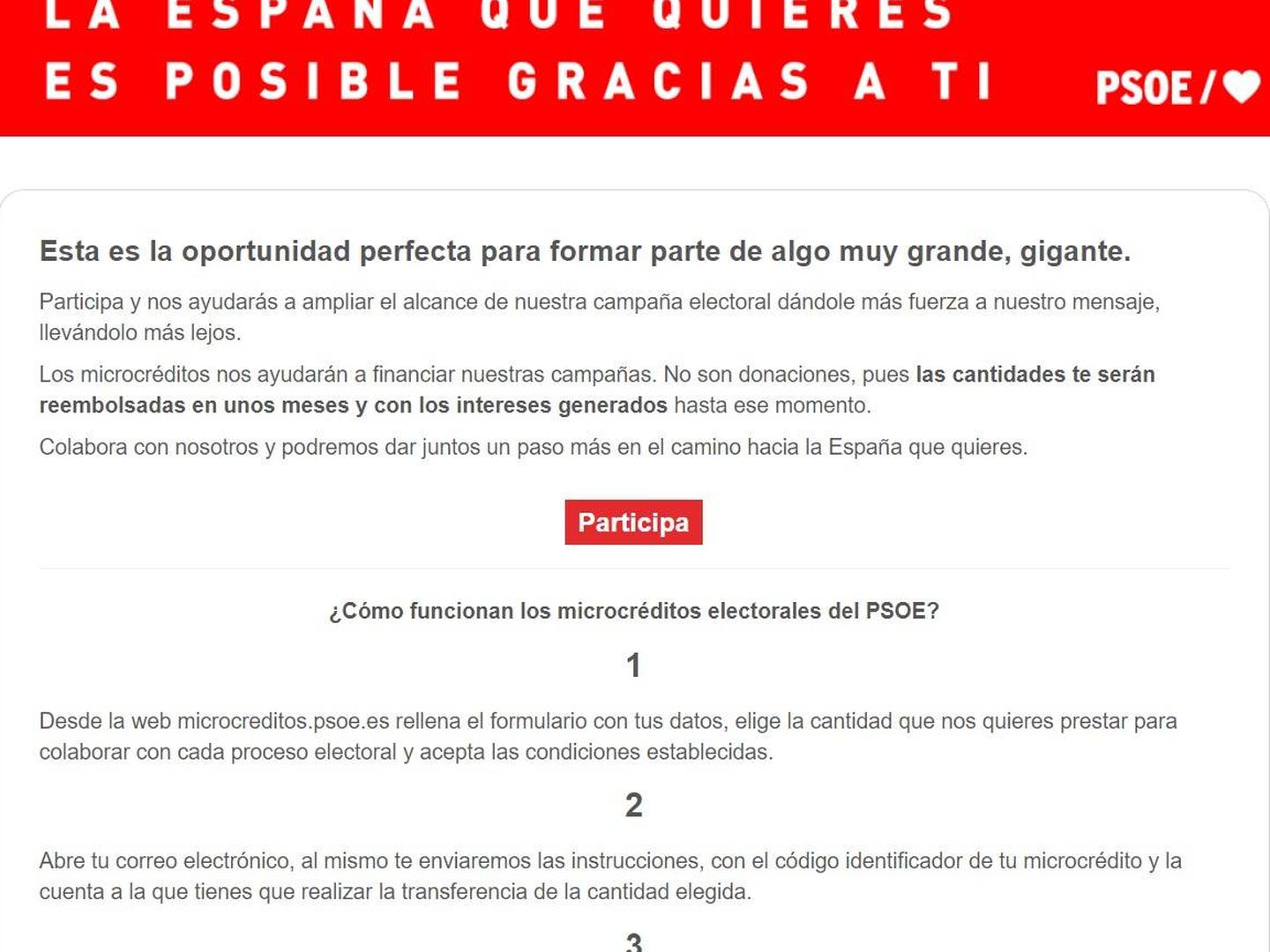 Consulte aquí la plataforma de microcréditos del PSOE para la financiación de las campañas del 28-A y del 26-M