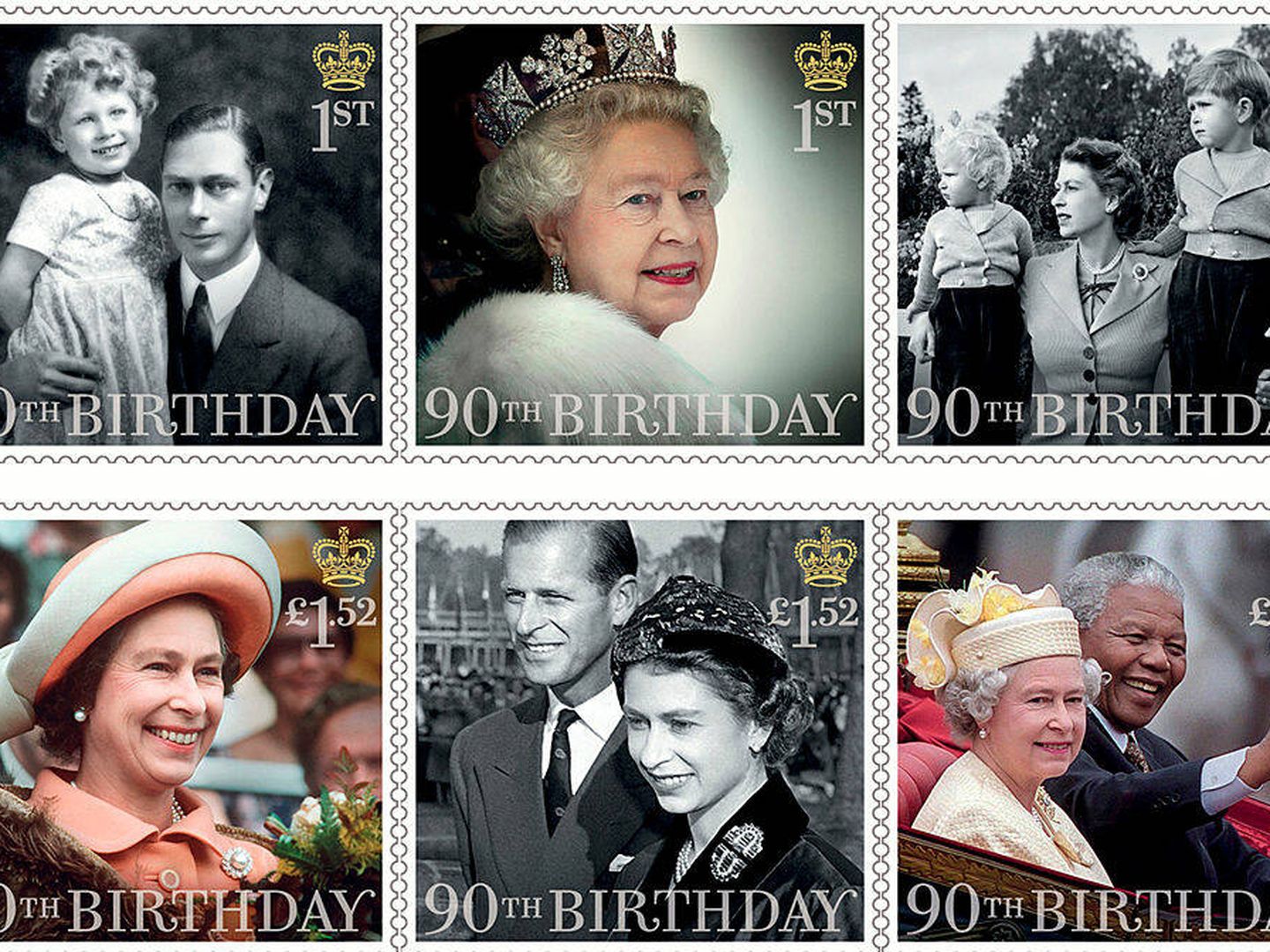 Sellos emitidos para conmemorar el 90º cumpleaños de la reina. (Getty)
