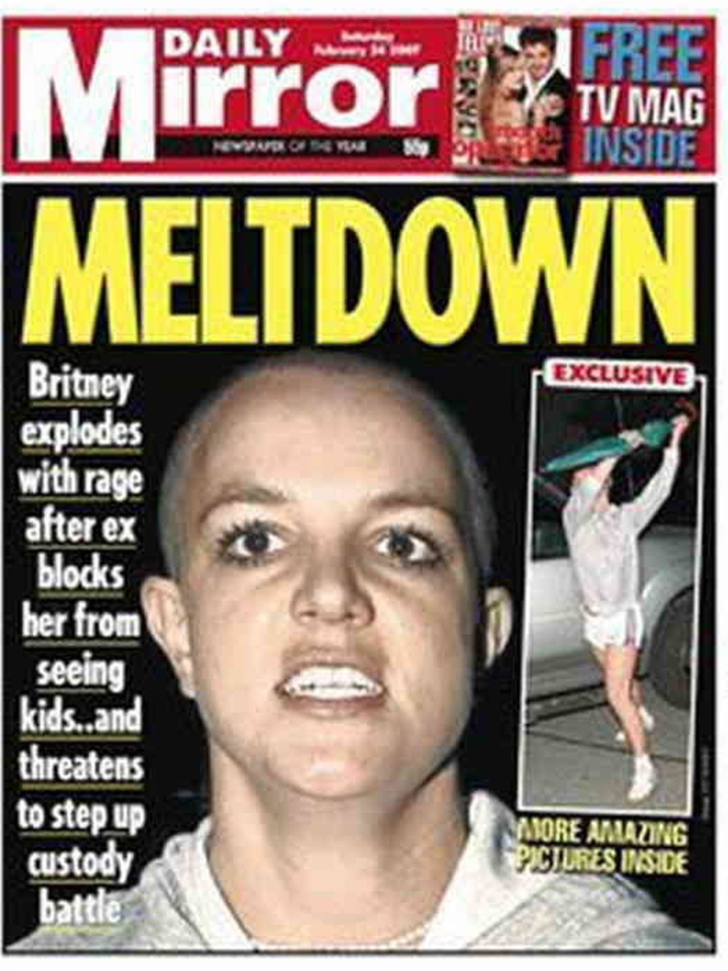 Britney Spears con el cabello rapado en a portada del Daily Mirror en 2007. (Daily Mirror)