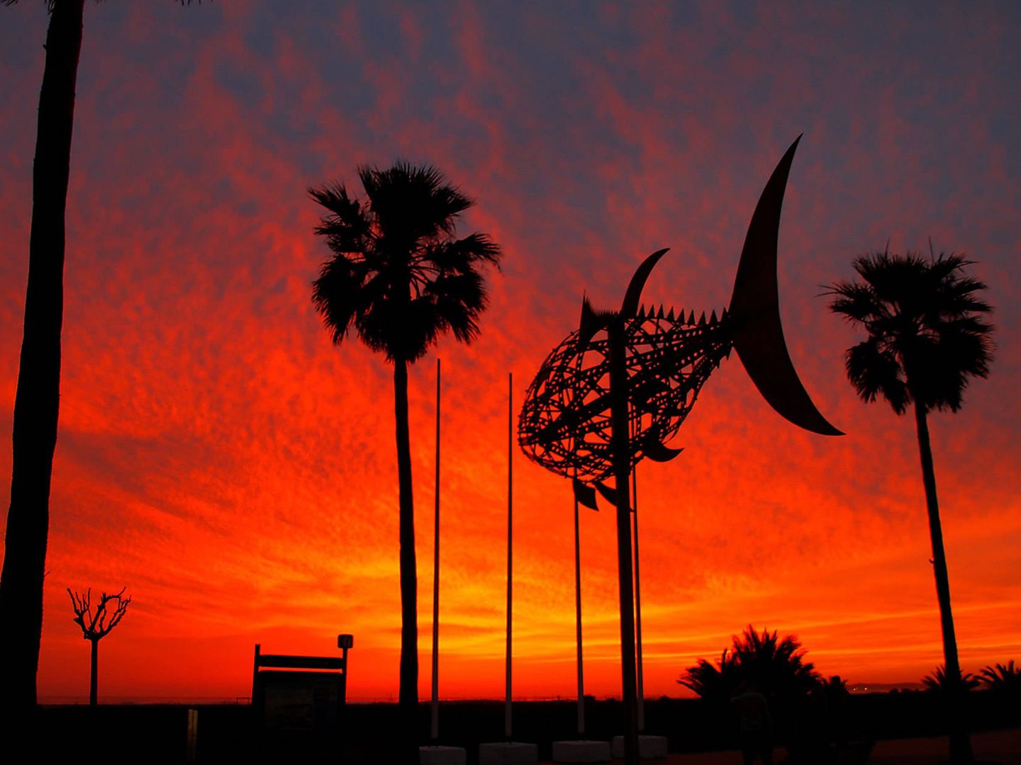 Puesta de sol en Conil con escultura de Pedro Luis Barberá Briones. (Foto: José Lojo)