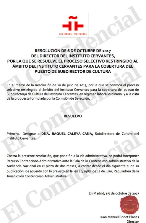 Designación de Raquel Caleya como subdirectora de Cultura del Cervantes firmada por Juan Manuel Bonet.