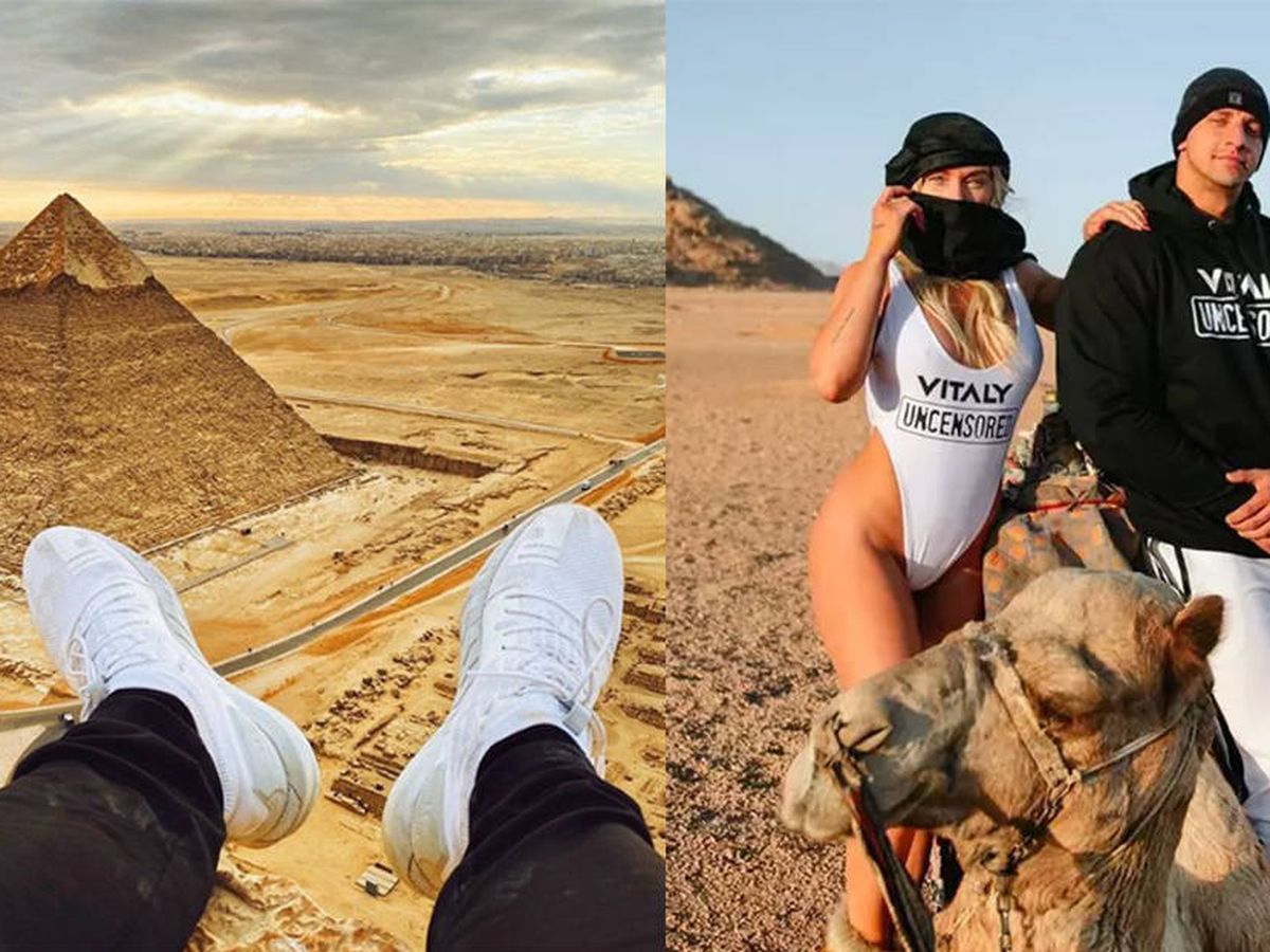 Foto: Vitaly Zdorovetski y sus pies sobre la pirámide de Giza. Foto: Instagram