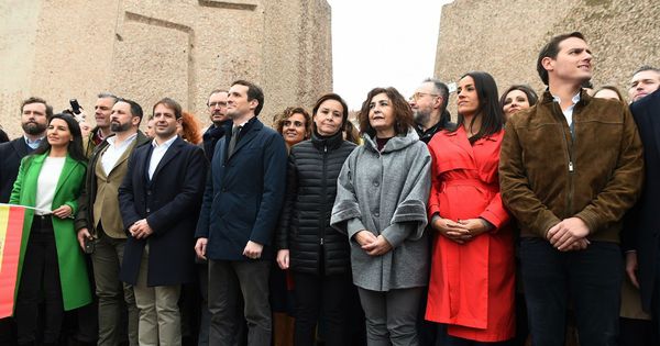 Foto: El presidente de Vox, Santiago Abascal (2i), el líder del PP, Pablo Casado (4i), y el líder de Ciudadanos, Albert Rivera (d), en la concentración en la plaza de Colón de Madrid. (EFE)
