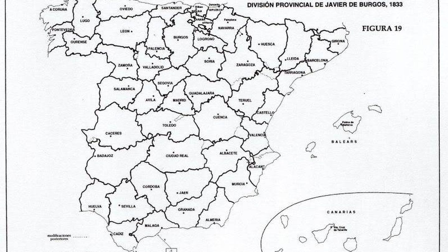 La división provincial de Javier de Burgos ('Geografía política de la España constitucional. La división provincial' / J. Burgueño, 1996)