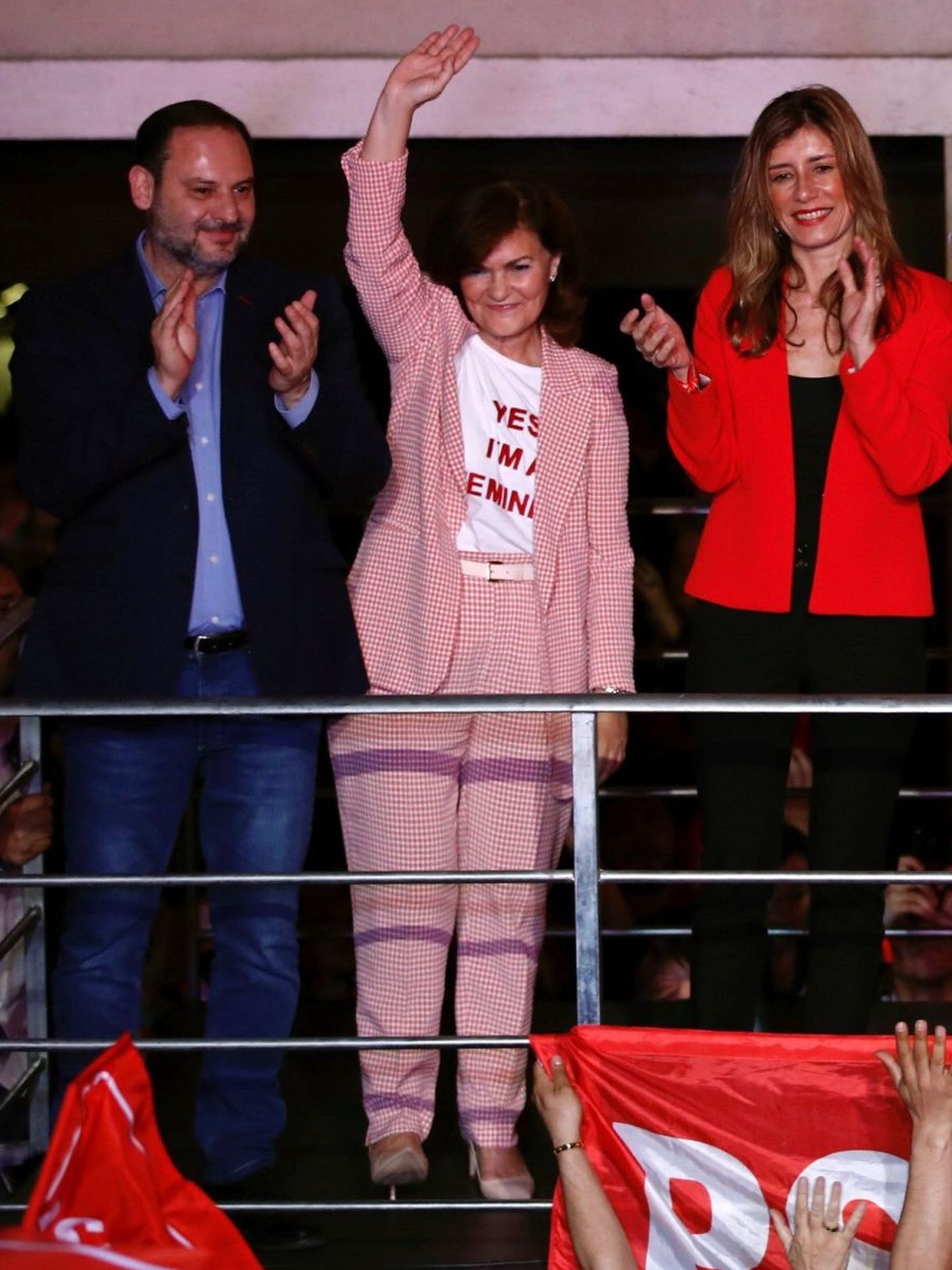 José Luis Ábalos, Carmen Calvo y Begoña Gómez, durante la celebración de los resultados electorales de 2019. (EFE)